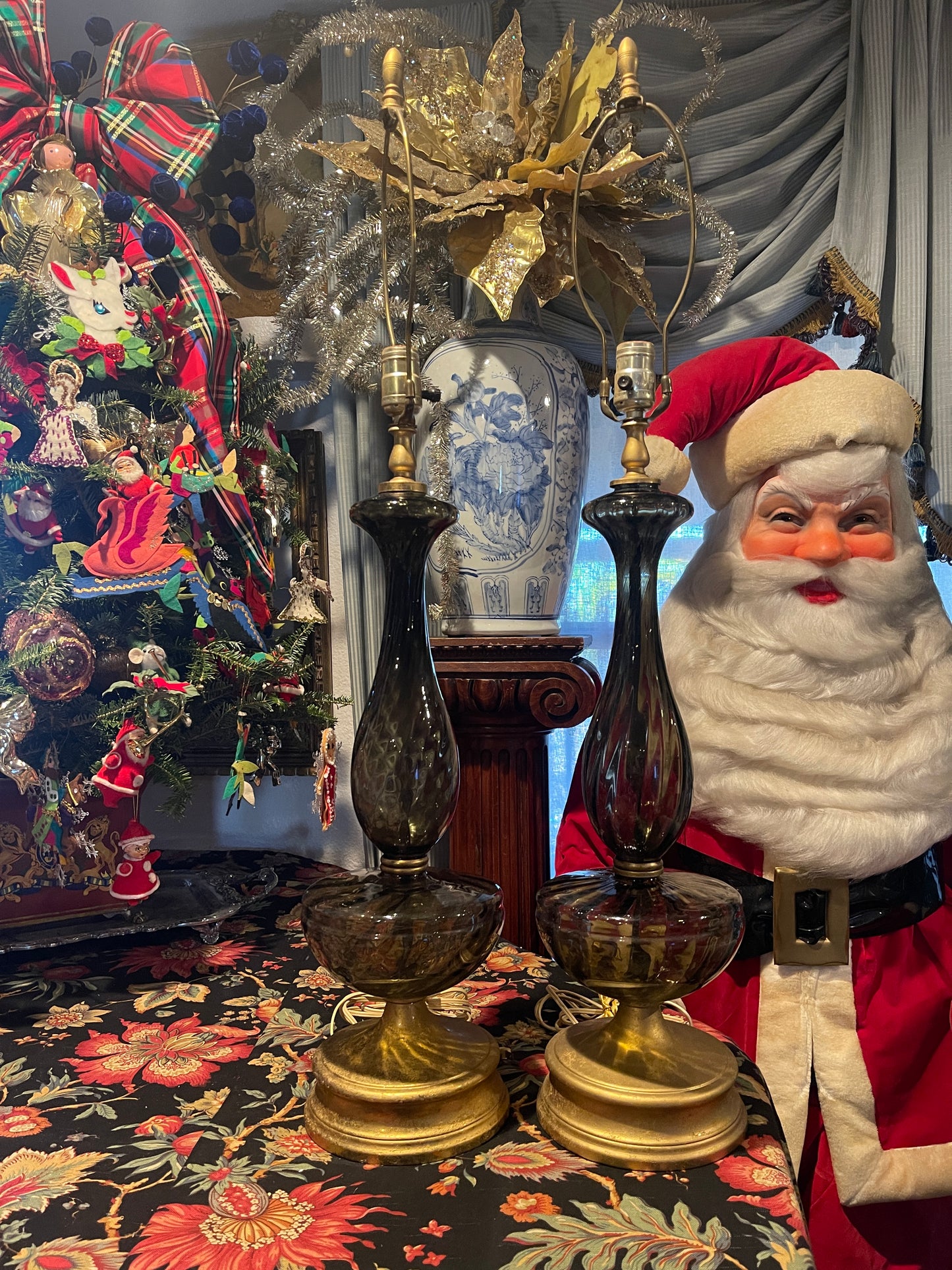 Large Midcentury Empoli Art Glass Lamps · Made in Italy · Smoky Quartz / Smoky Topaz Glass · Gold Leaf Bases & Finials