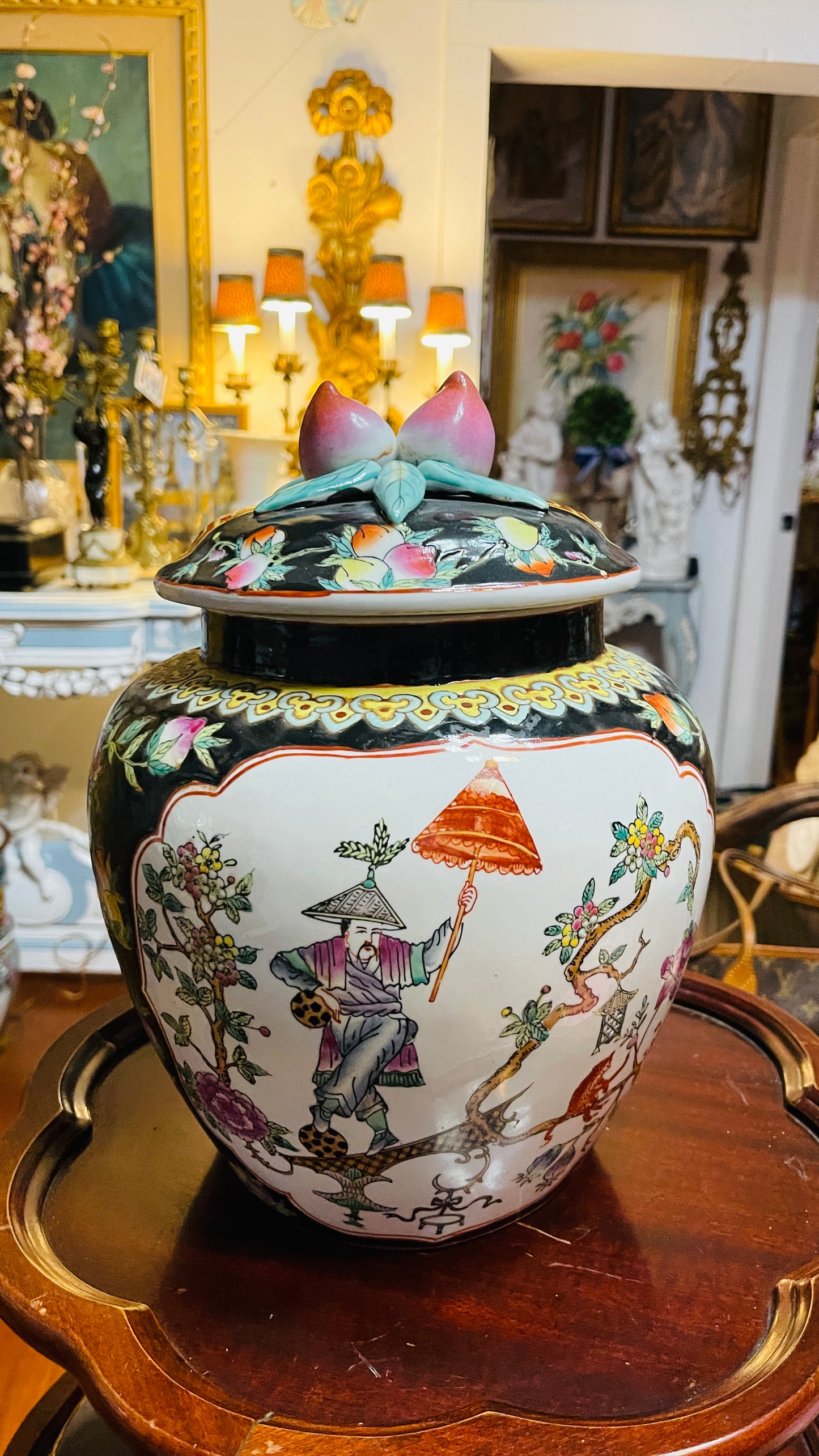 Vintage Famille Noire Chinoiserie Ginger Jar with Peach Finial | 13”