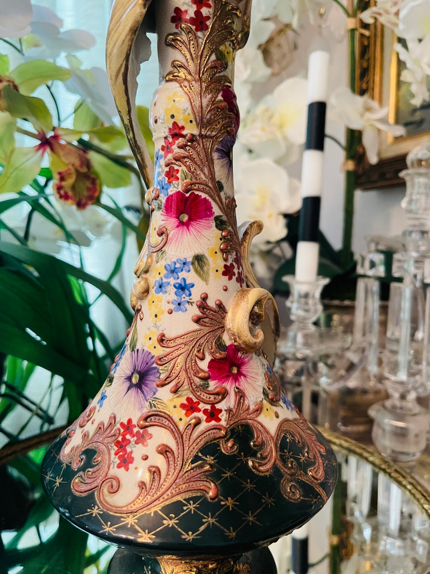 Antique French Hand-Painted Porcelain Vase with Gilt Accents & Rococo Flourishes