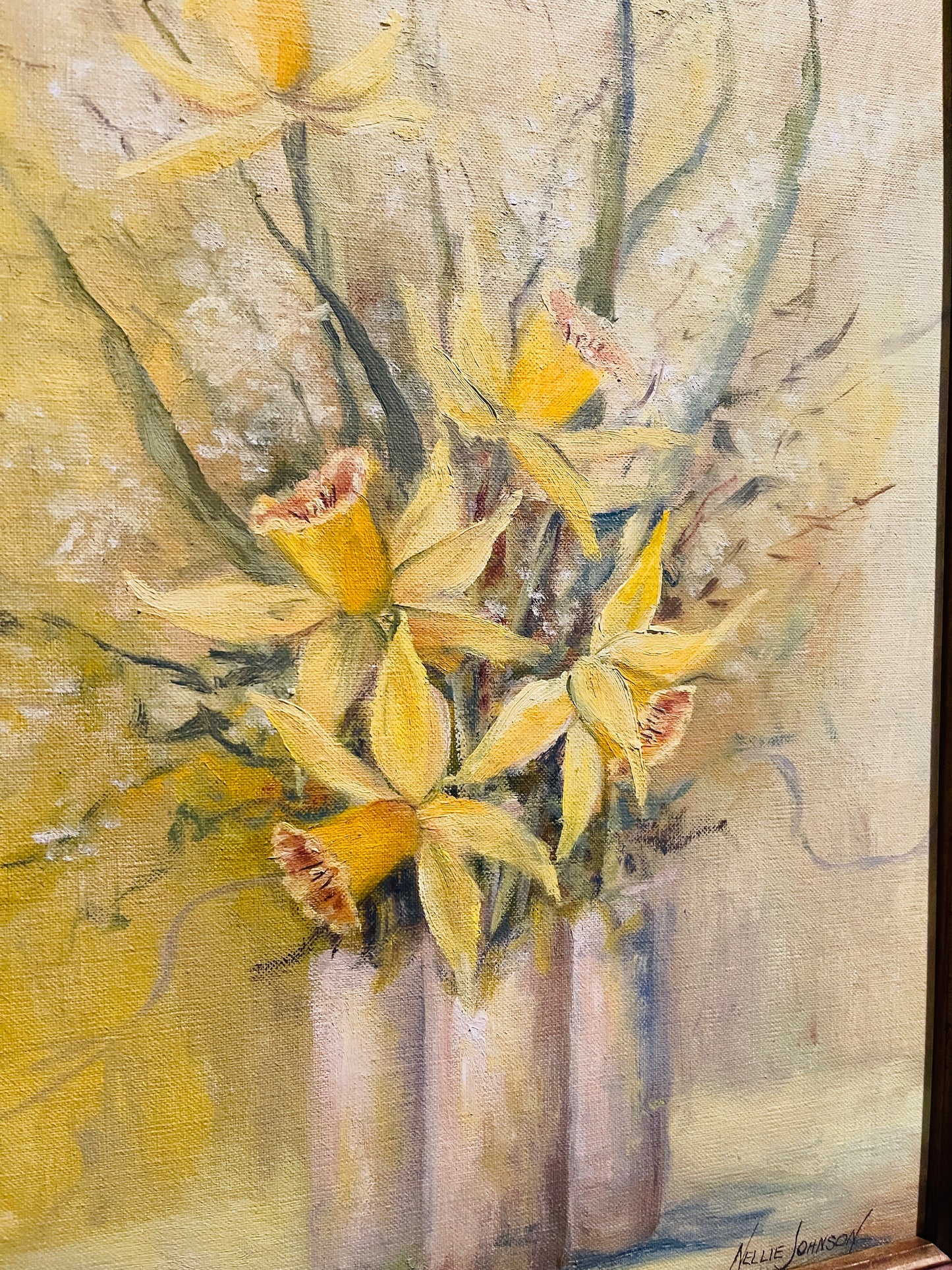 Vased Daffodils Original Painting, Acrylic on Board, Framed, Artist Signed