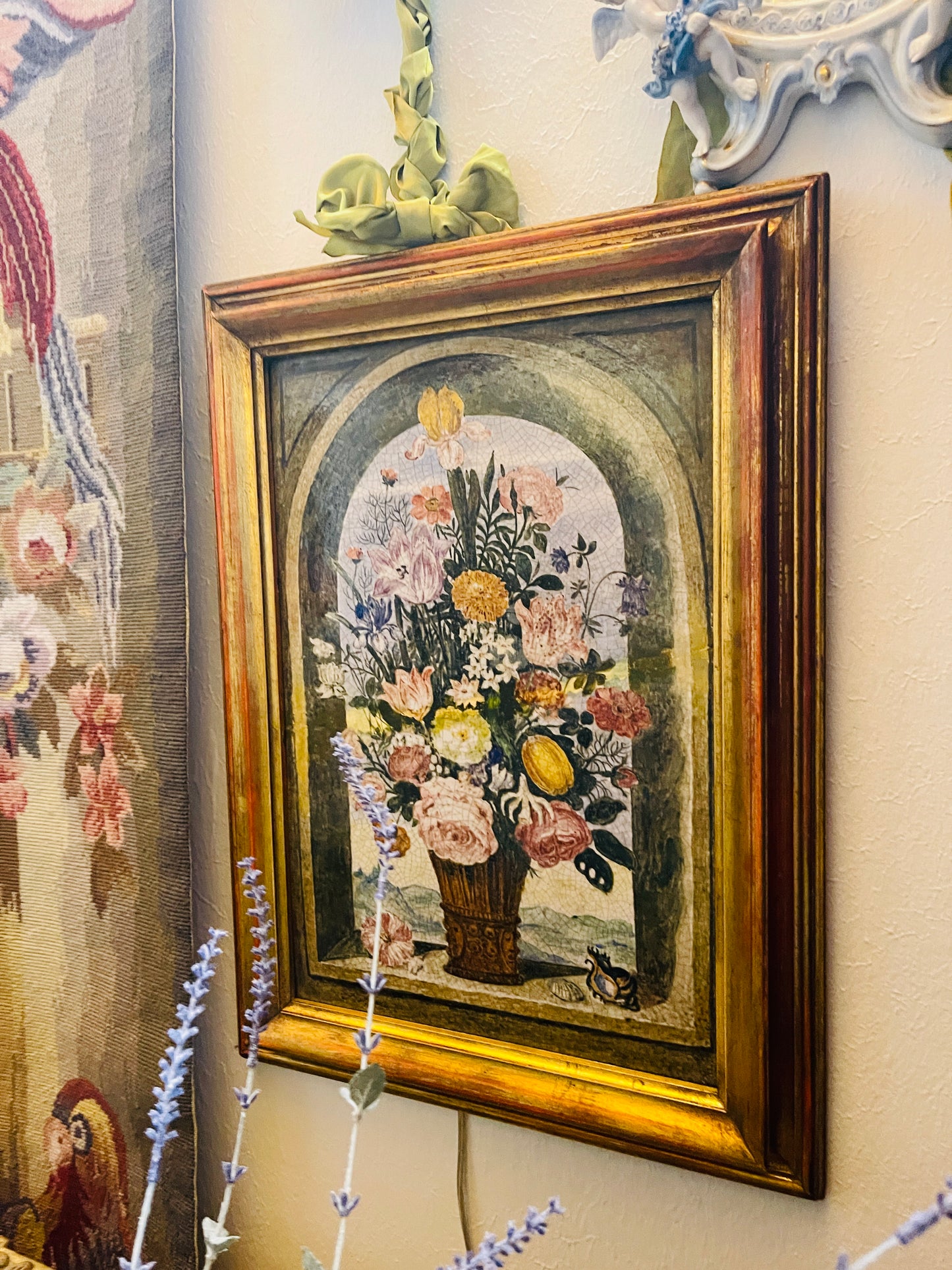 Vintage Framed Floral Still Life on Porcelain Tile with Shell Motif in Italian Giltwood Frame, After Ambrosius Bosschaert the Elder (Dutch, 1573-1621)