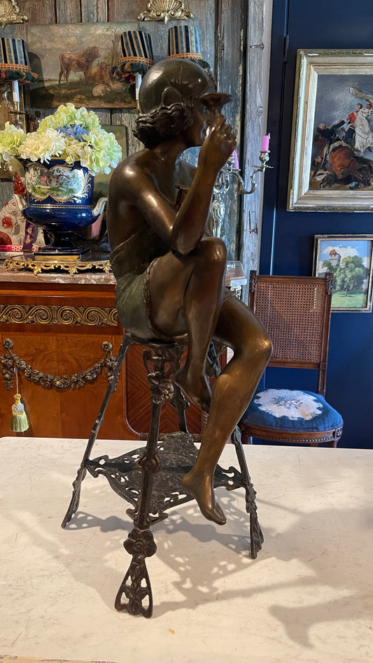 Monumental Bronze Parisienne Seated Art Deco Figural Sculpture with Champagne Coupe, Estate Sourced