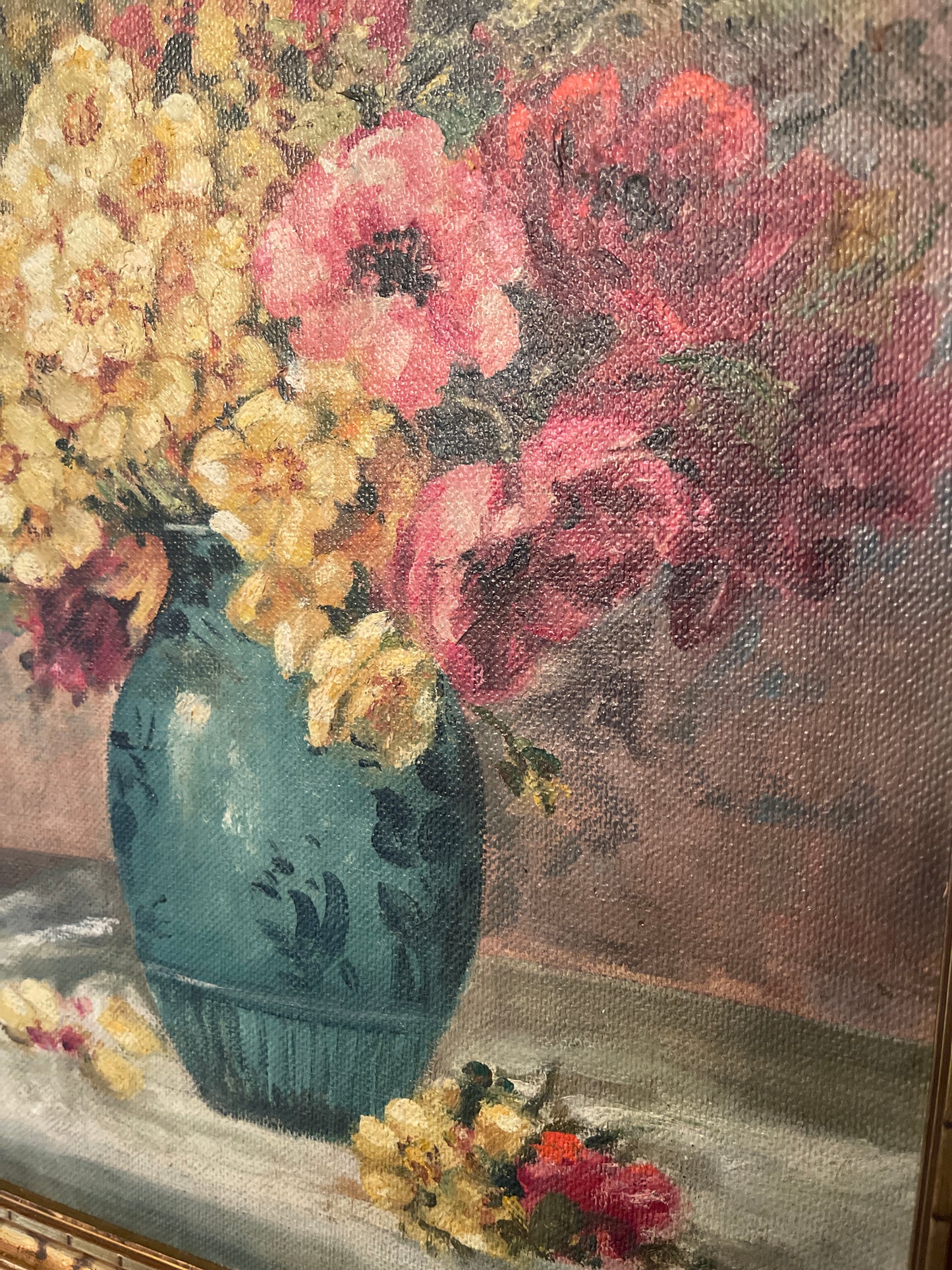 1920s Floral Still Life Painting, Blue Vase, Artist Signed