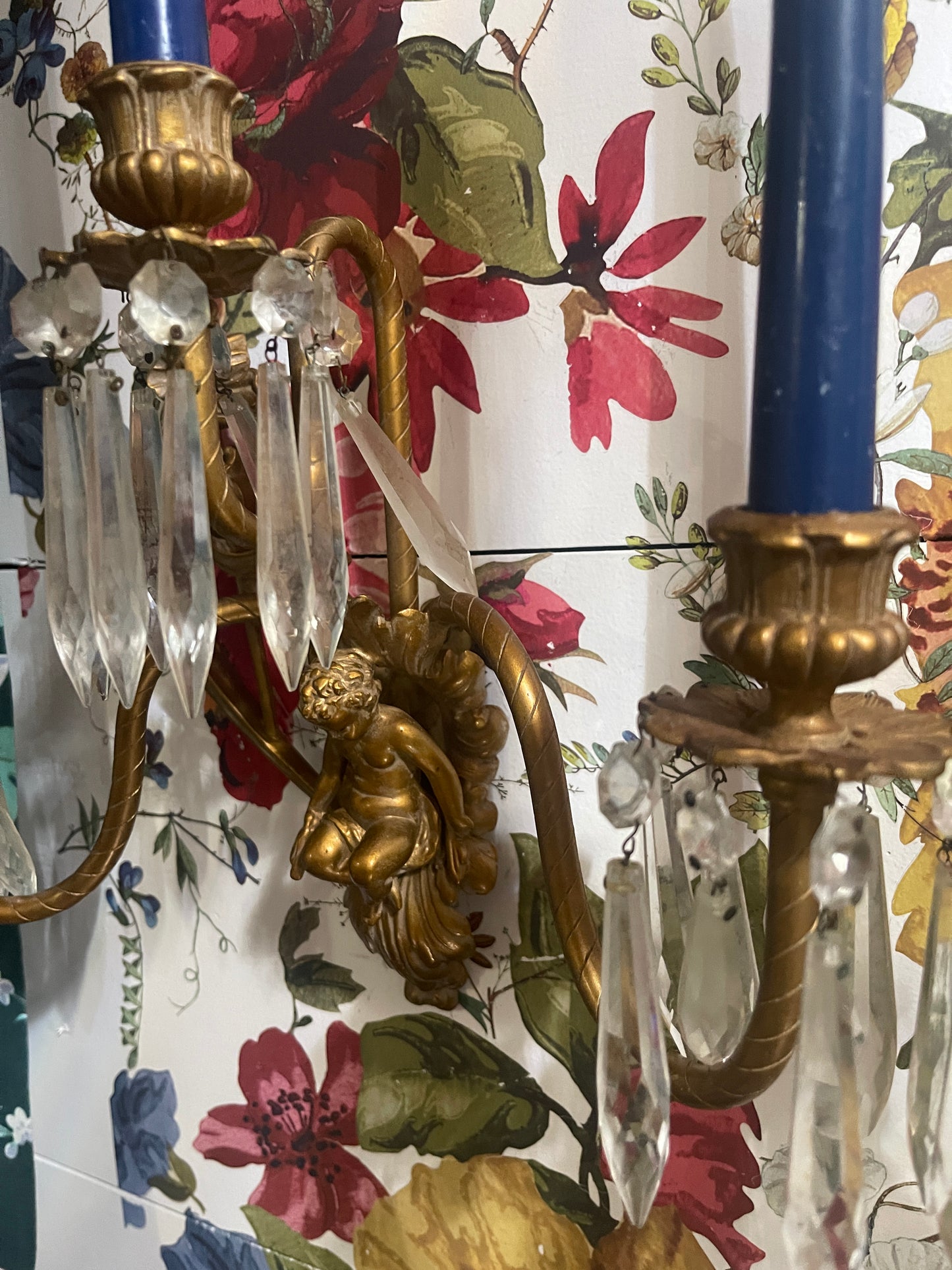 Antique Victorian Putti Wall Sconces With Crystal Prisms — Ornate Brass Cherub Candle Sconces (Pair)
