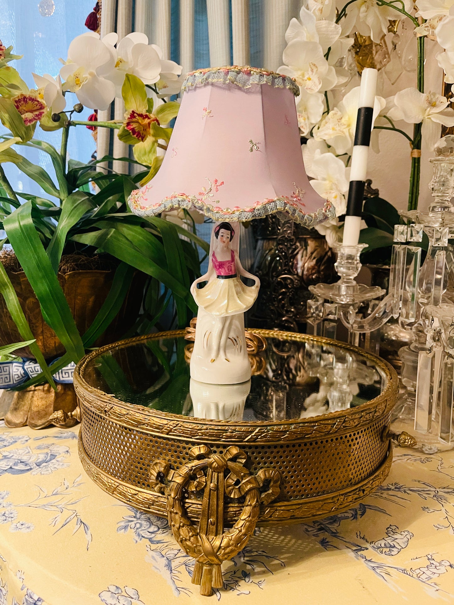 Vintage German Ballerina Lamp with Shade, Romantic Petite Porcelain Vanity Lamp, Round Top Find