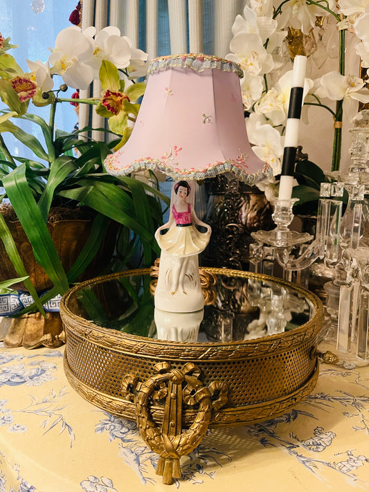 Vintage German Ballerina Lamp with Shade, Romantic Petite Porcelain Vanity Lamp, Round Top Find