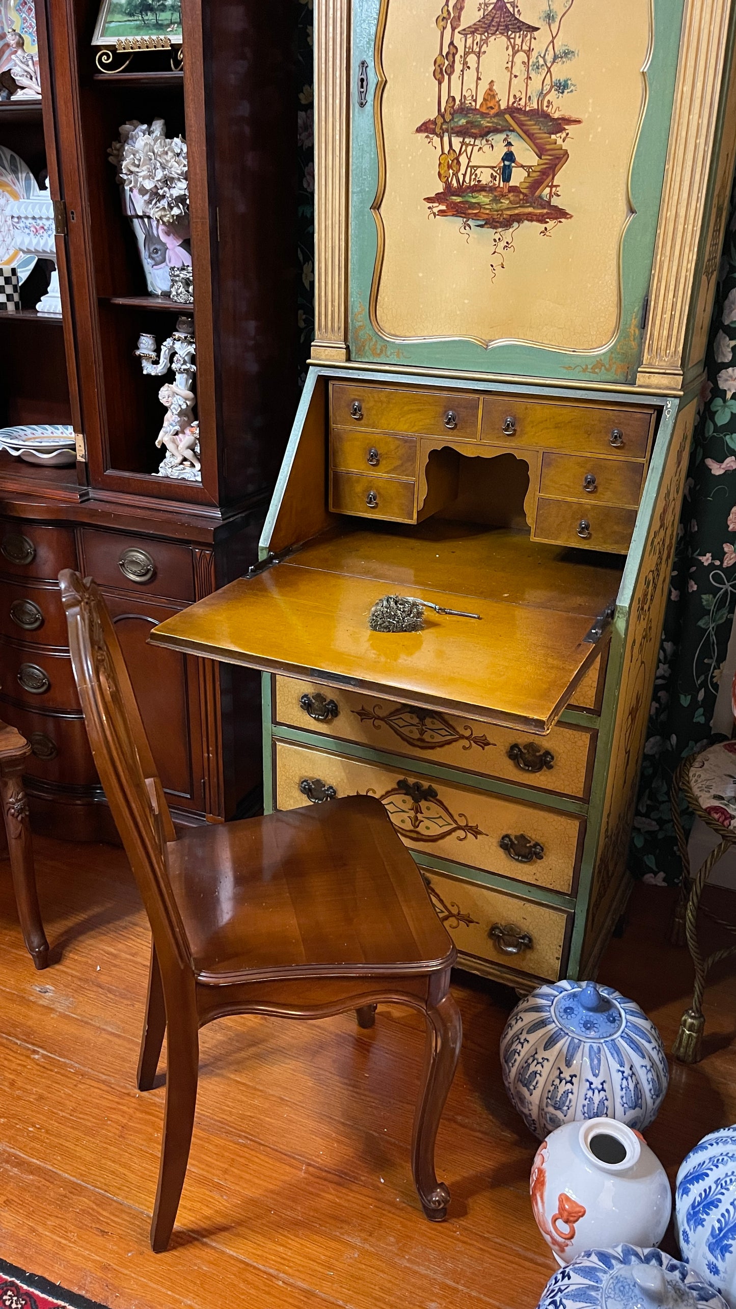 Vintage Hand-Painted Chinoiserie Secretary Desk