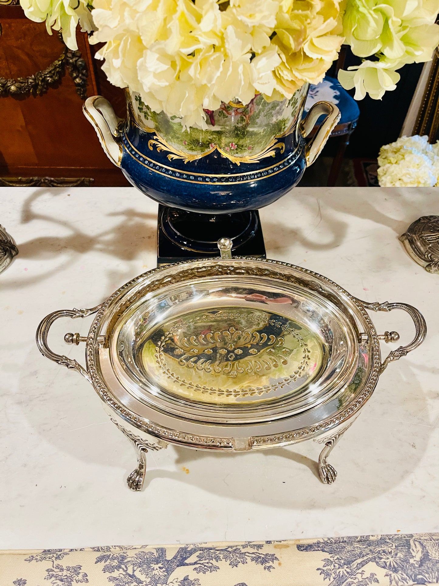 Large Silverplate Roll-Top Entrée Warmer with Claw Feet & Double Inserts