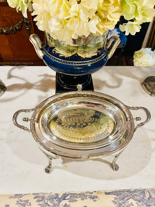 Large Silverplate Roll-Top Entrée Warmer with Claw Feet & Double Inserts