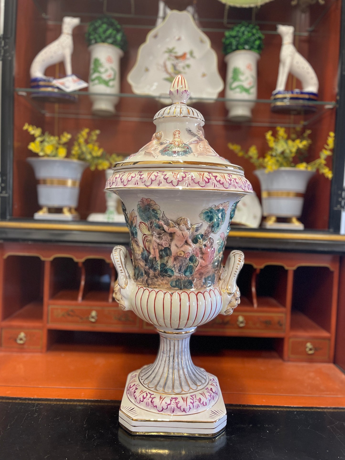 Vintage Capodimonte Figural Double Handled Lidded Urn, Made in Italy, LARGE