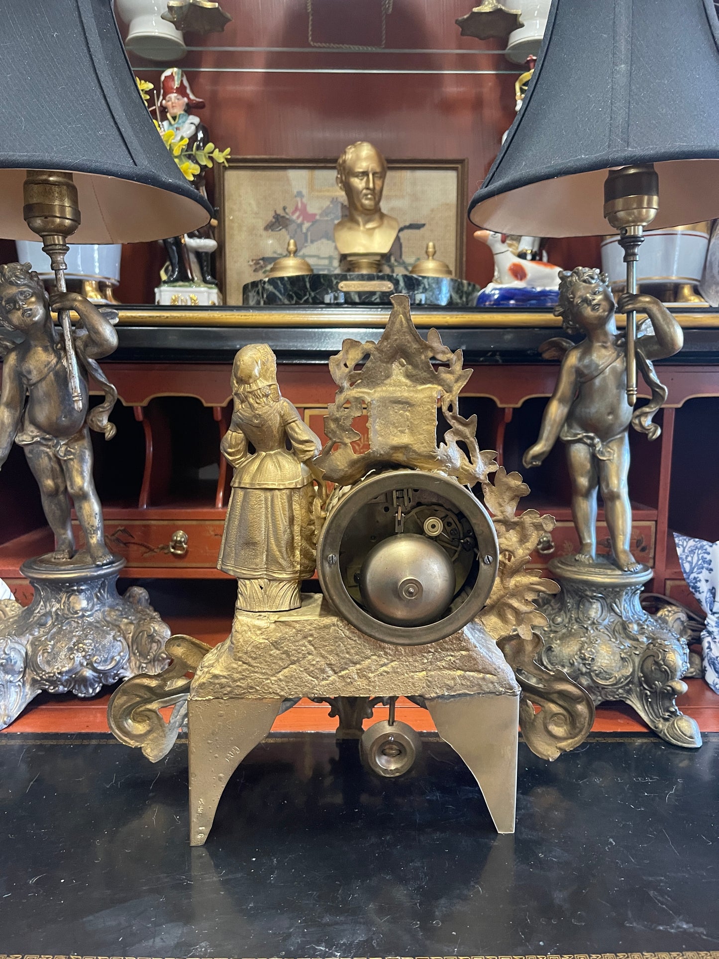 French Gilt Spelter Mantle Clock, 19th Century PH Mourey Figural Clock