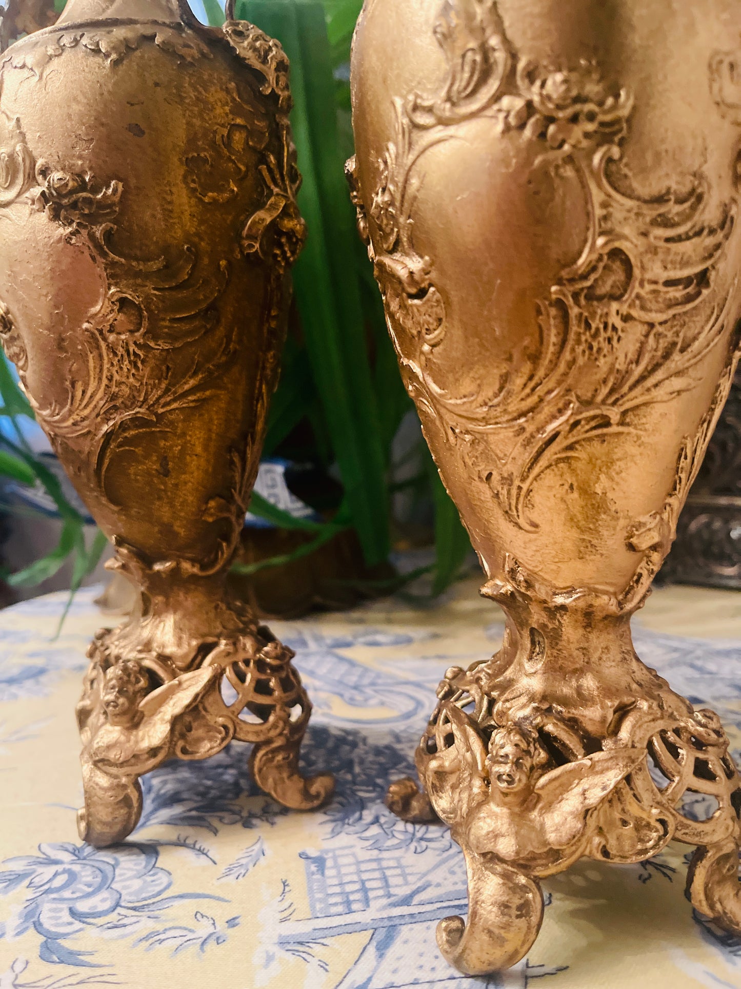 Gilded Louis XV Rococo Bronze French Footed Vases, Ornate Design