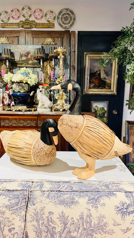 Vintage Oversized Folk Art Goose Sculptures – Hand-Carved Wood & Woven Straw Pair | English Country Cottagecore Decor
