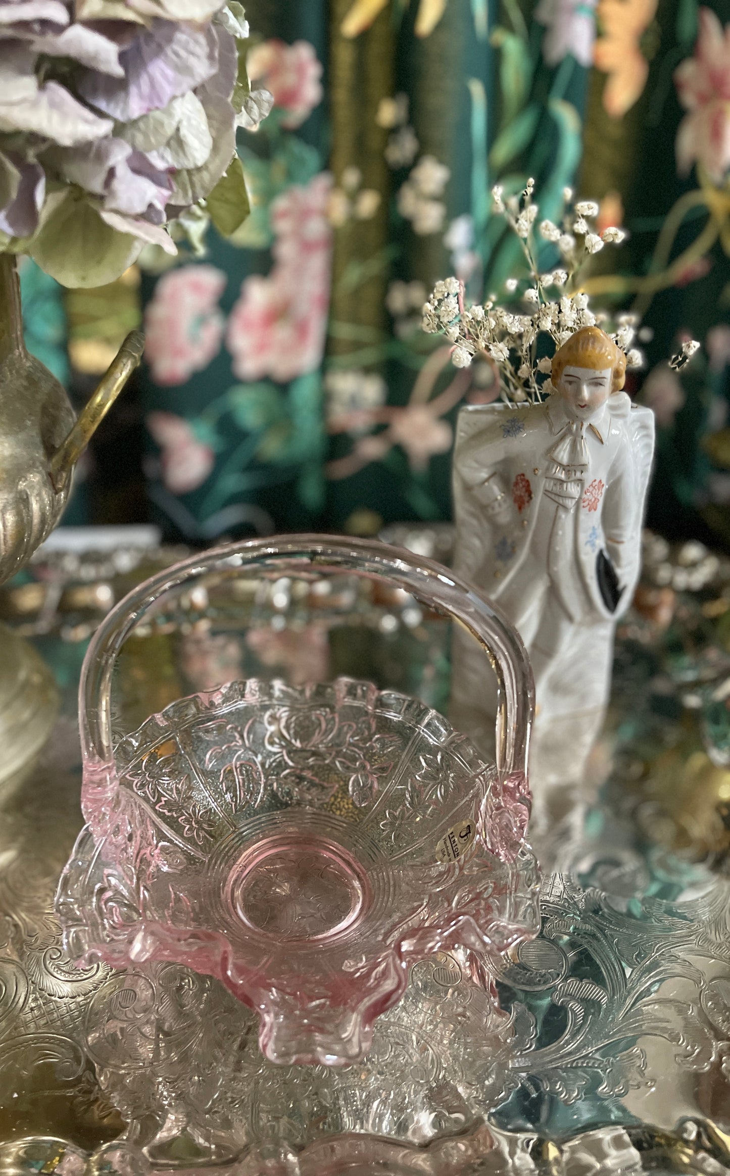 Pink Fenton Ruffled Edge Basket with Roses, Original Fenton Foil Seal, Vintage