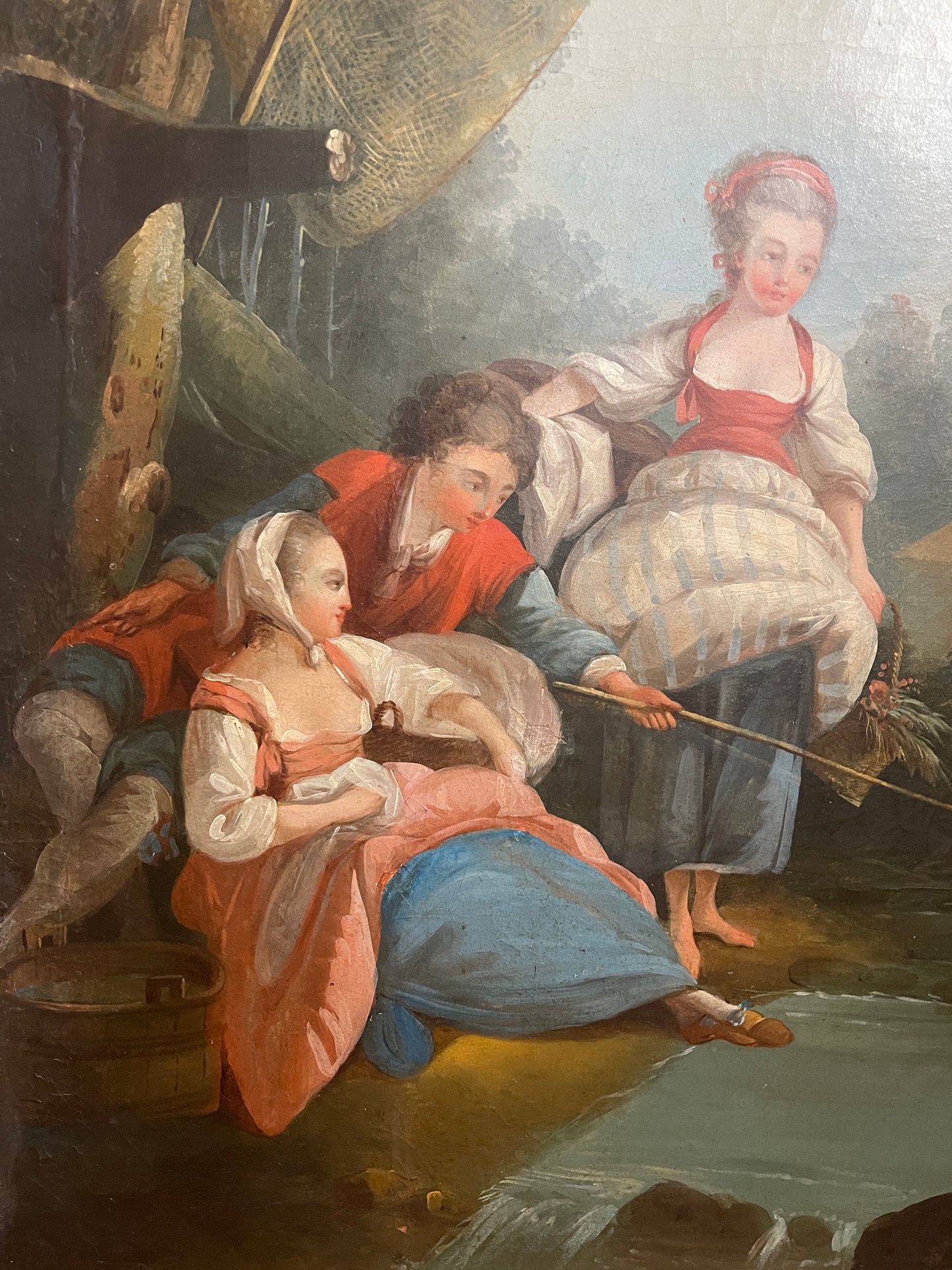 19th Century French Trumeau Mirror with Pastoral Oil Painting – Louis XVI Style Giltwood Frame