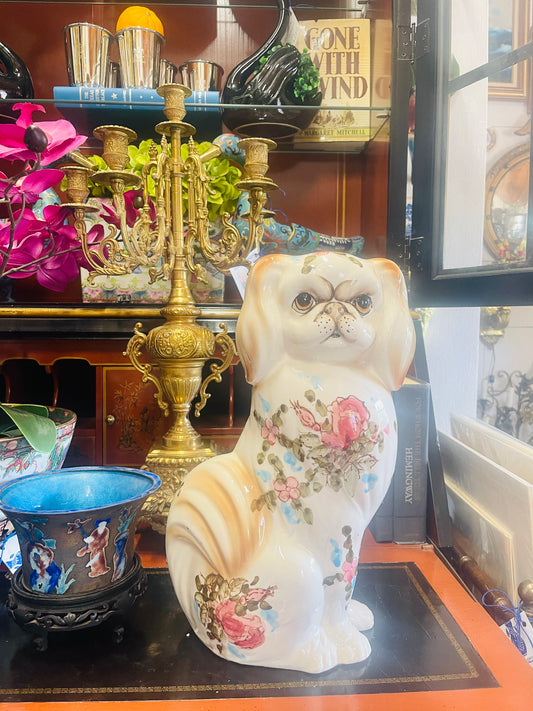 Vintage Hand-Painted Porcelain Pekingese Dog Statue – Imperial Floral Elegance for Grandmillennial Homes