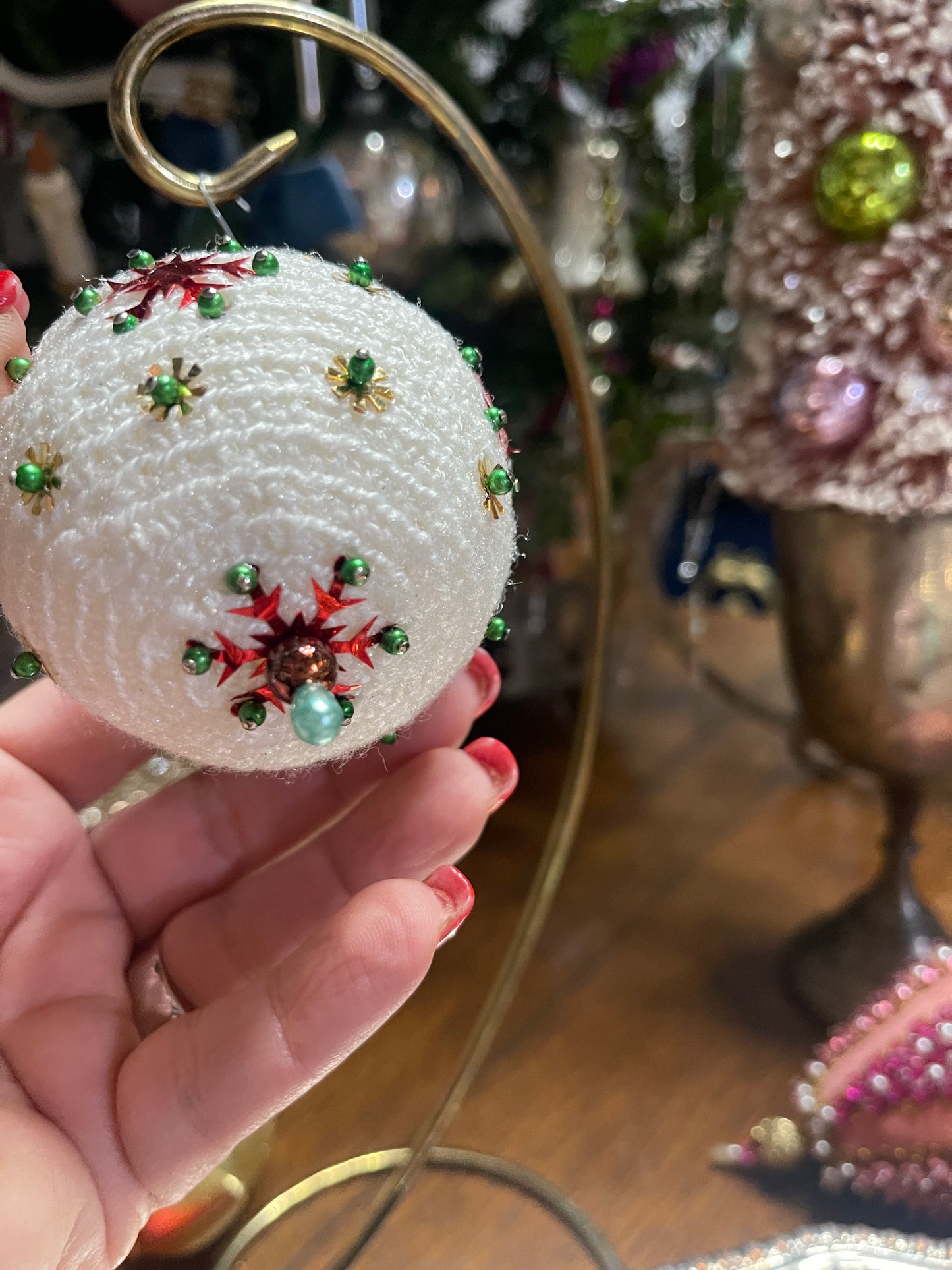 White with Red Snowflakes Knit Push Pin Christmas Ornament, Vintage