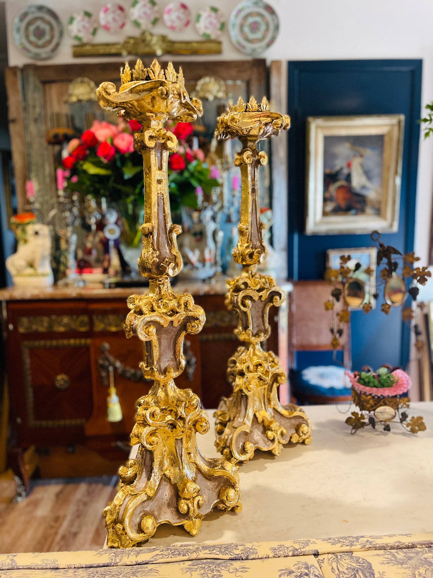 Vintage French Blue & Giltwood and Gesso Altar Sticks — Pair