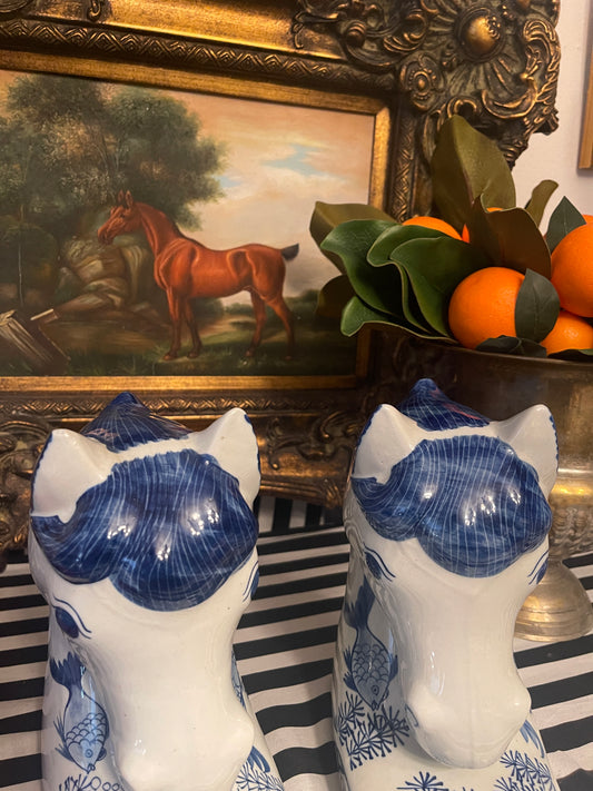 Blue and White Chinoiserie Horse Head Bookends, Large, Vintage