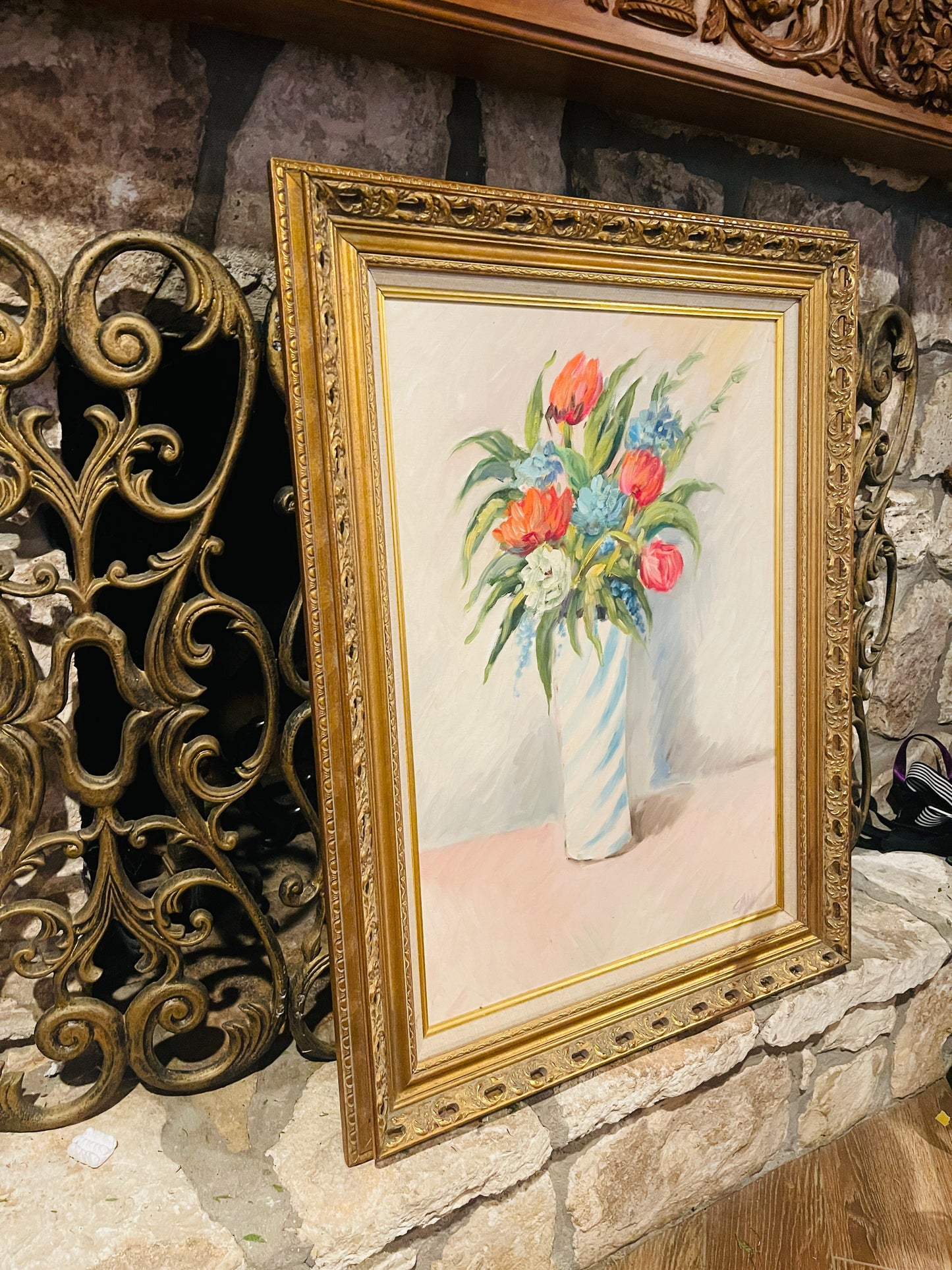 Large Vintage Floral Still Life Oil Painting — Tulips & Blue Blooms in Striped Vase, Ornate Gilt Frame