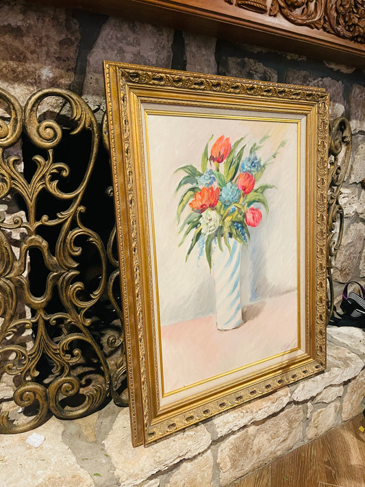 Large Vintage Floral Still Life Oil Painting — Tulips & Blue Blooms in Striped Vase, Ornate Gilt Frame