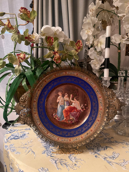 Vintage Neoclassical Porcelain Cabinet Plate with Ornate Holder