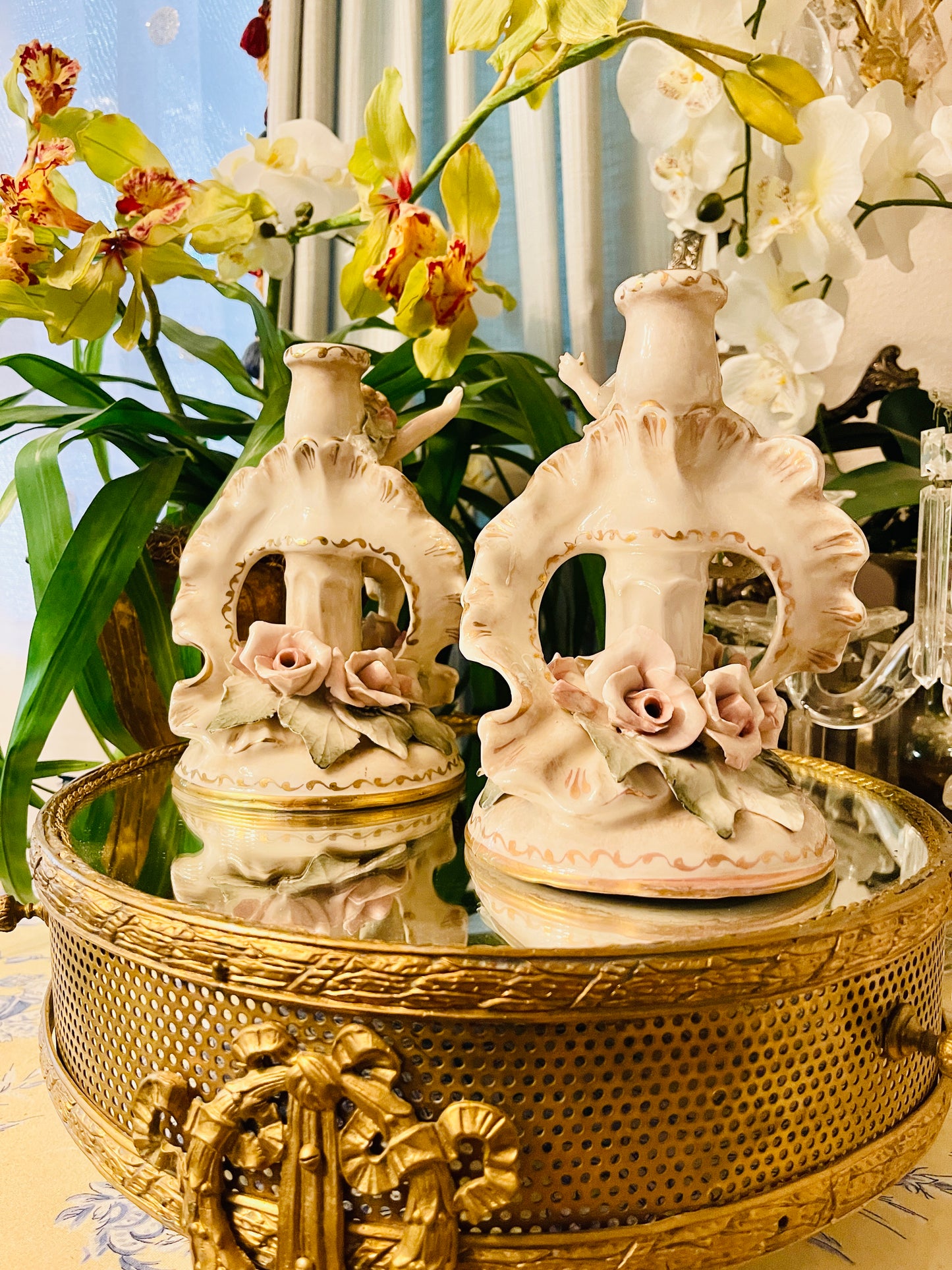 Vintage Cordey Porcelain Cherub Candleholders with Roses – Mirrored Pair