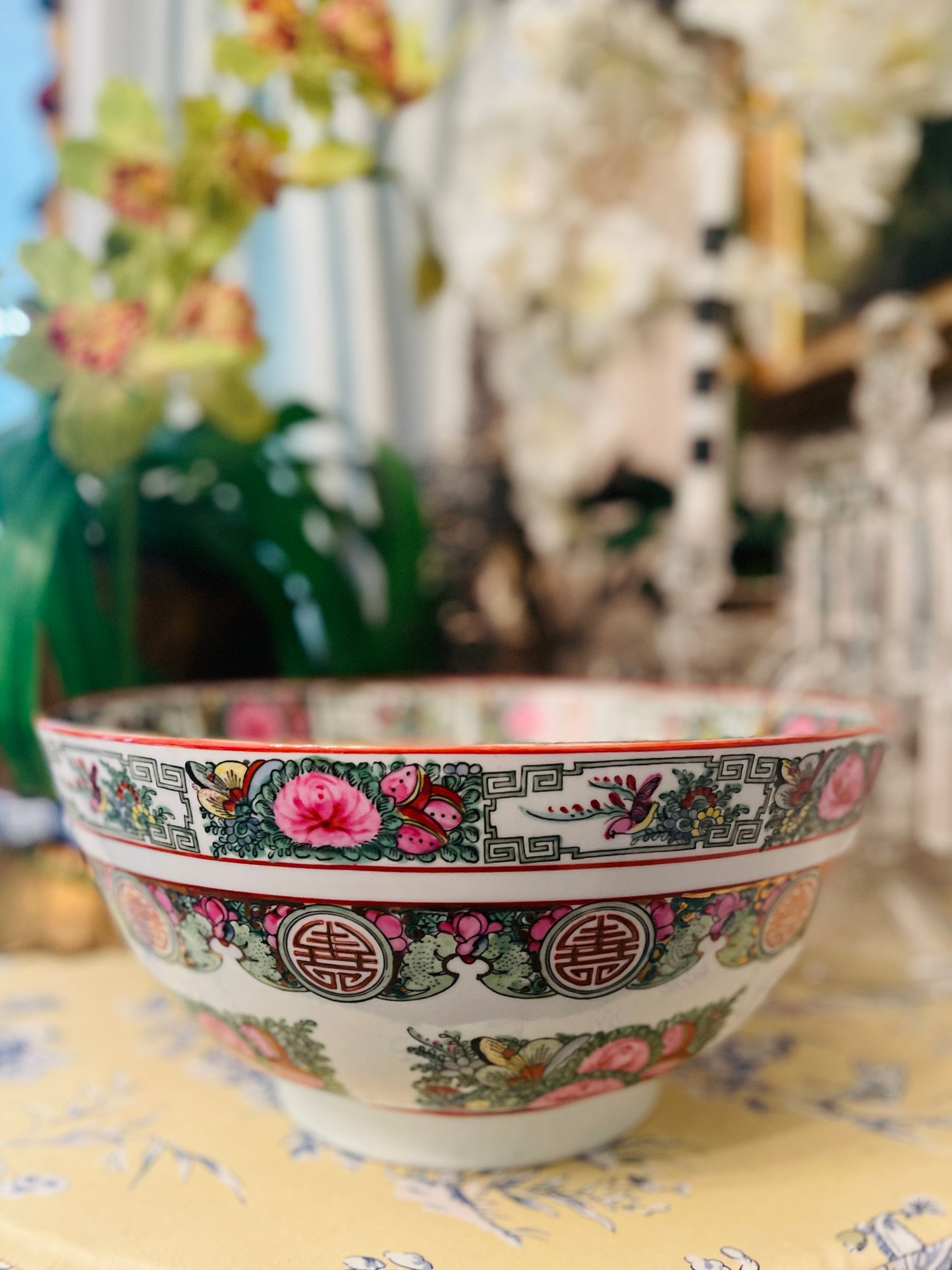 Rose Canton Punch Bowl, Vintage Chinoiserie, 14”