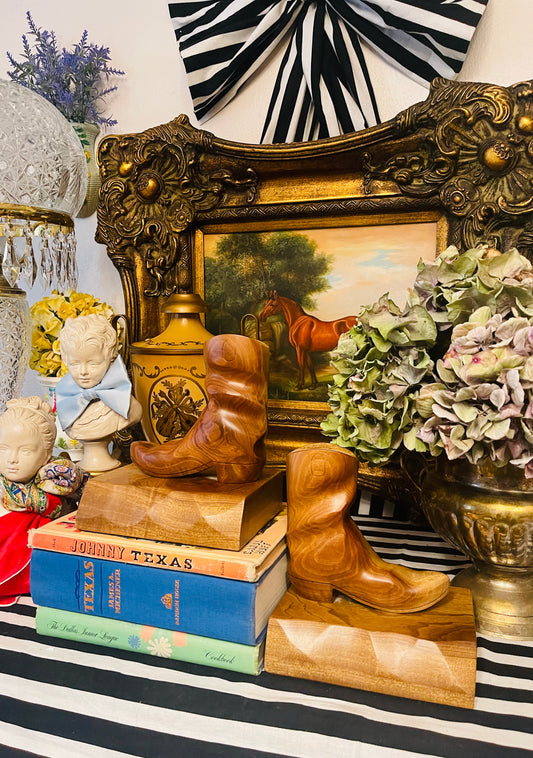 Vintage Carved Myrtlewood Cowboy Boot Bookends on Wood Base