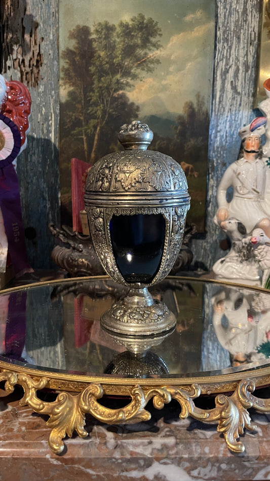Cobalt & Abundance — Blue Glass Covered Urn with Floral & Fruit Metalwork | 8.5” H × 4” W