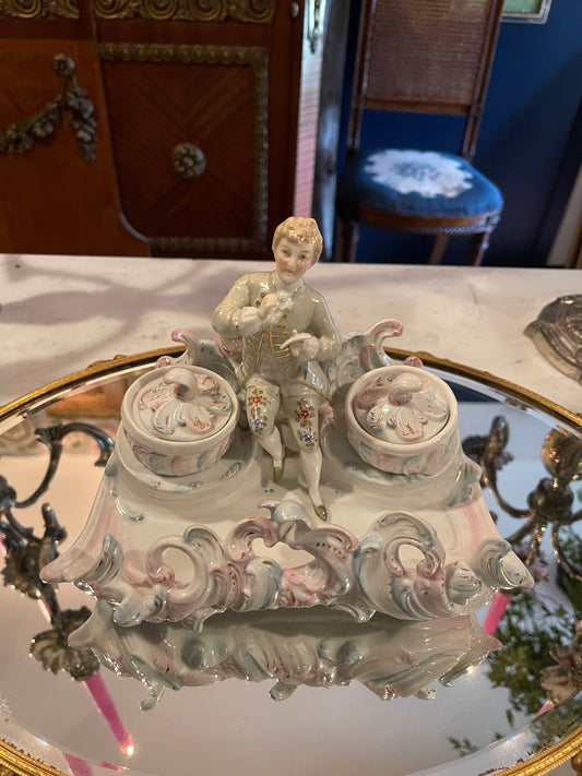 French Rococo-Style Porcelain Figural Inkwell with Lidded Inkwells