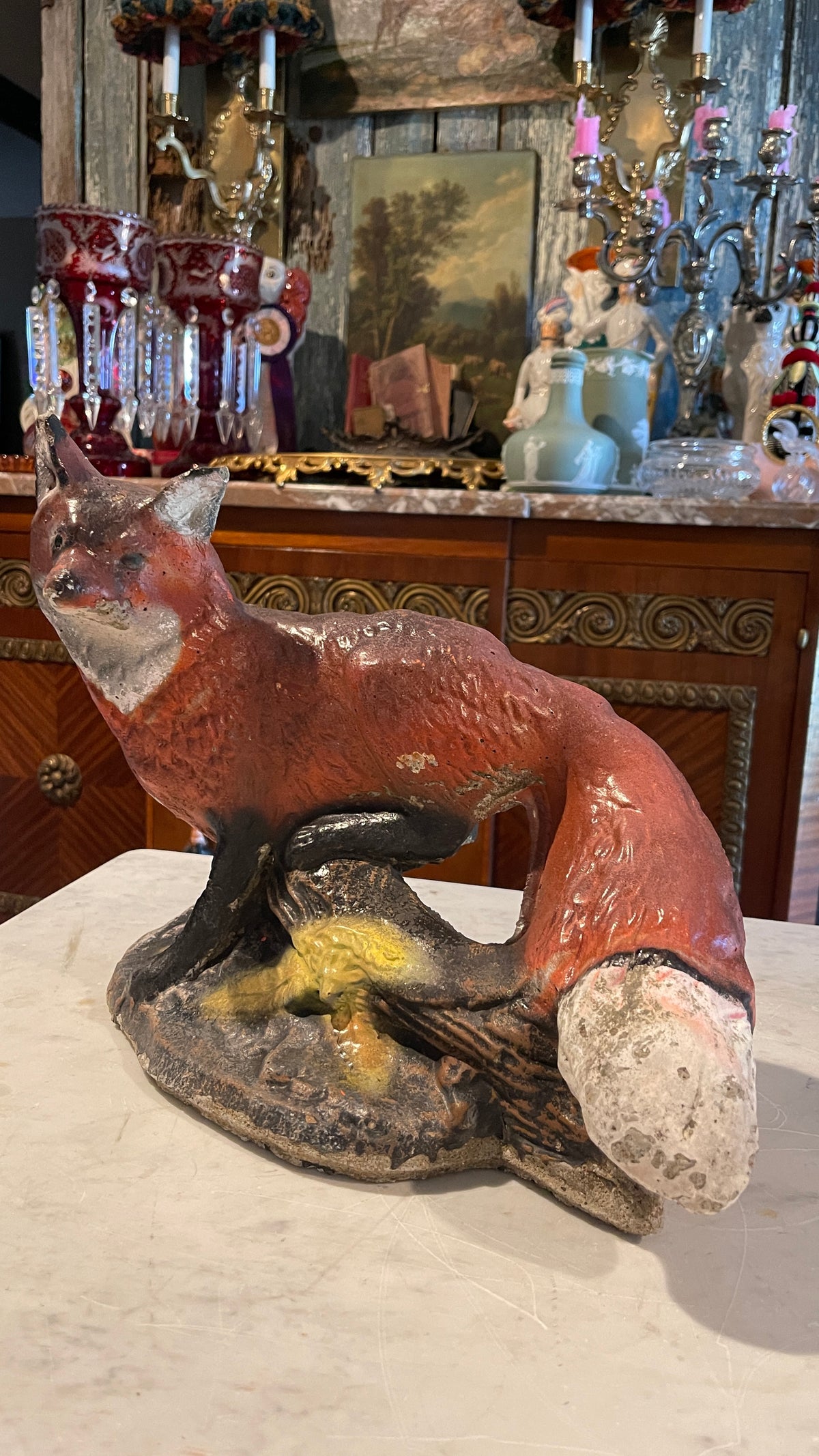 Chippy & Charming — Hand-Painted Cement Fox | 11” H × 14” L × 8” D