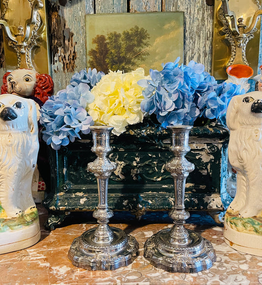 Vintage Baroque Revival Silver Plate Candlesticks, Pair Ornate Detail | Romantic European Elegance | Sourced in Round Top
