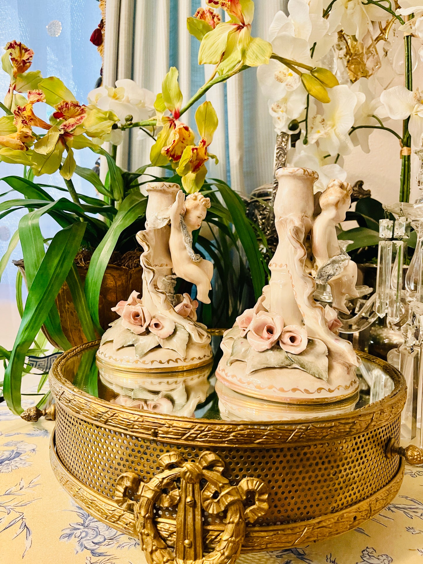 Vintage Cordey Porcelain Cherub Candleholders with Roses – Mirrored Pair