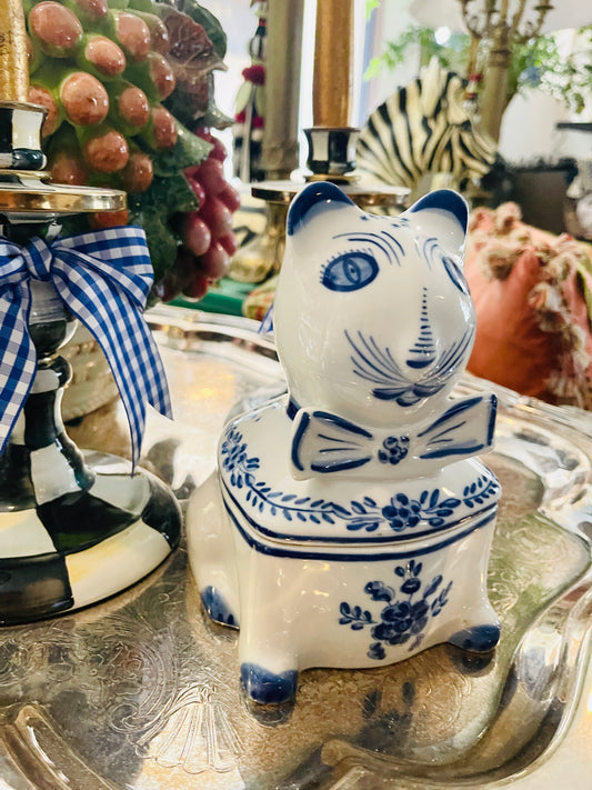 Blue and White Cat with Bow Tie Lidded Dish, Made in Portugal