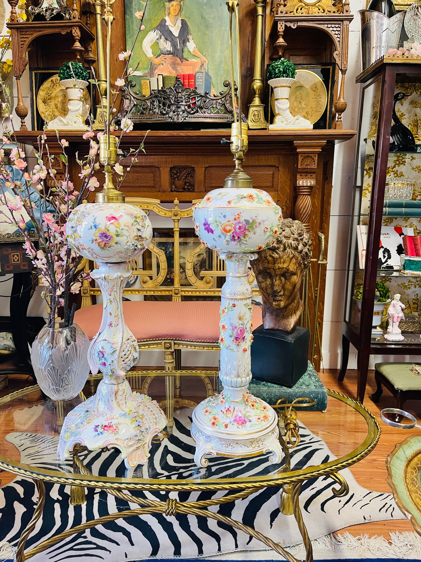 Pair of Monumental Vintage Porcelain Floral Lamps