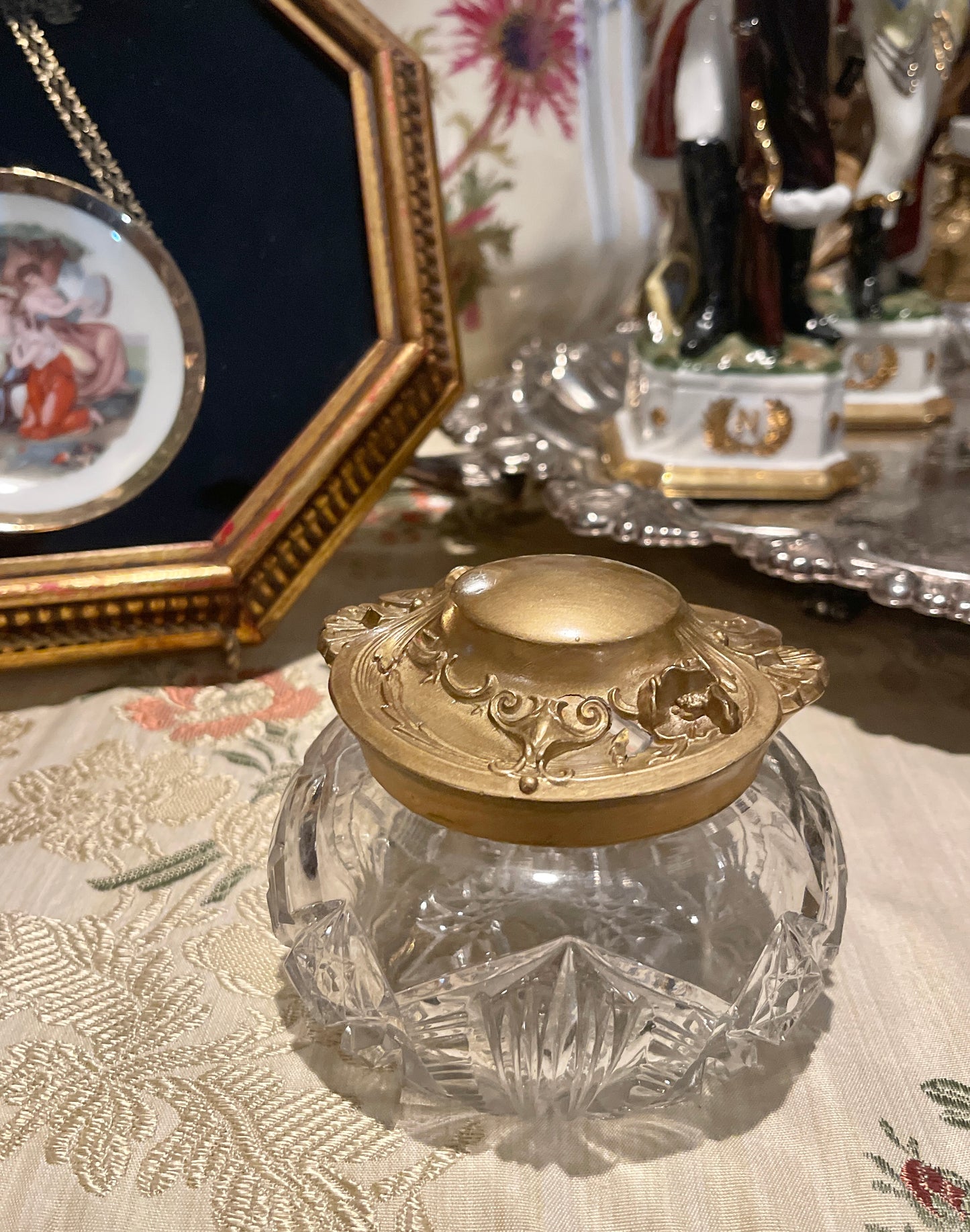 Cut Glass Powder Jar with Gold Tole Lid, Vintage