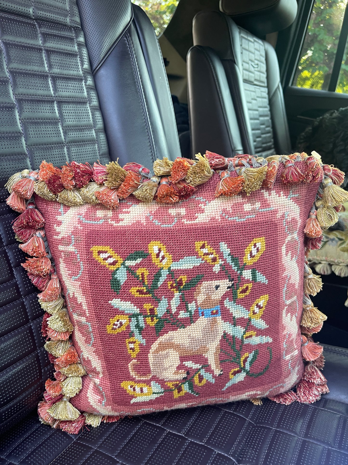 Vintage Needlepoint Whippet Pillow with Tassel Trim