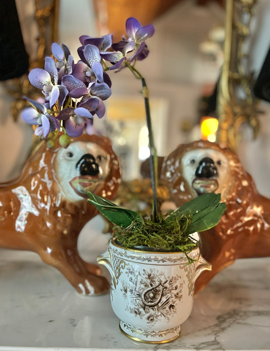 French LE TALLEC Cachepot, Brown and white with Gilt Detail, Shell Handles, Hand Painted