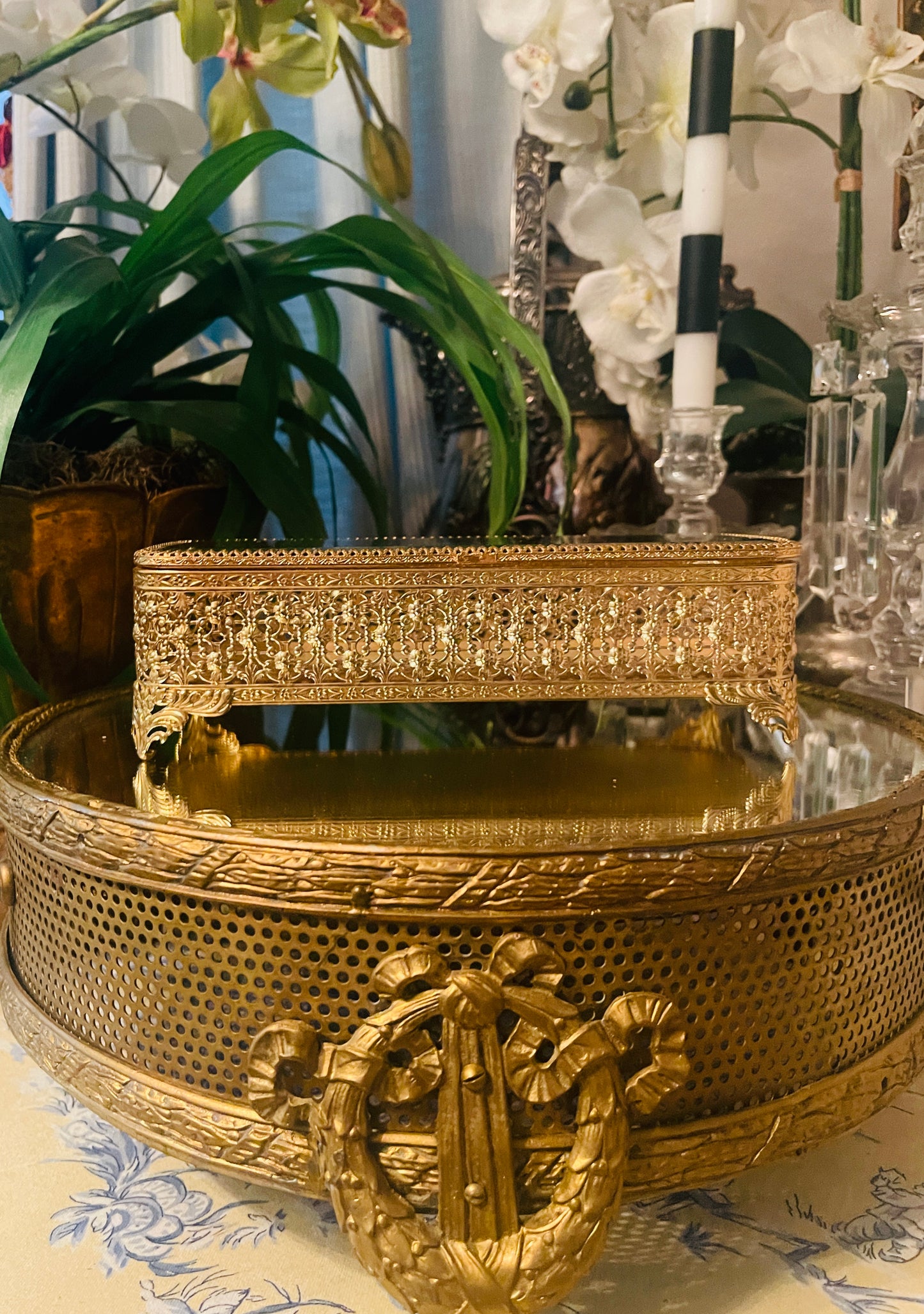 Ornate Ormolu & Beveled Glass Jewelry Casket Box — Vintage Filigree Vanity Treasure