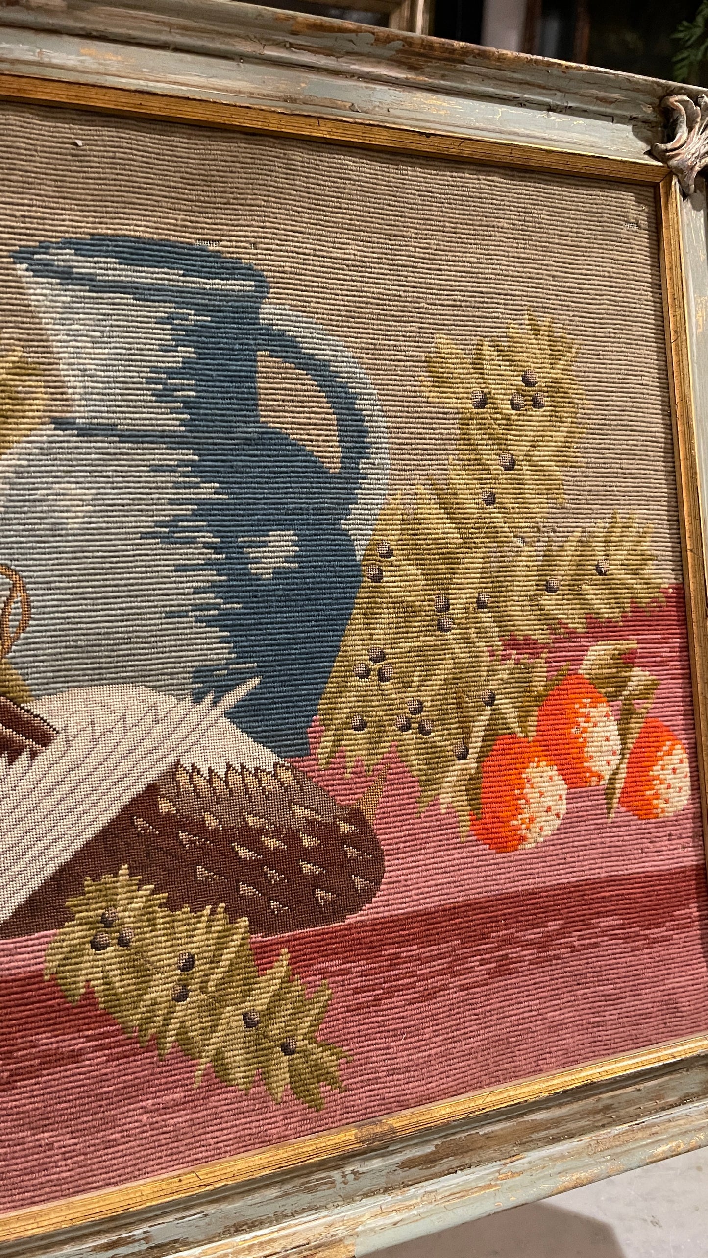 ANTIQUE GAME BIRD NEEDLEPOINT & PETIT POINT IN CUSTOM-FINISHED WOOD FRAME, Country French