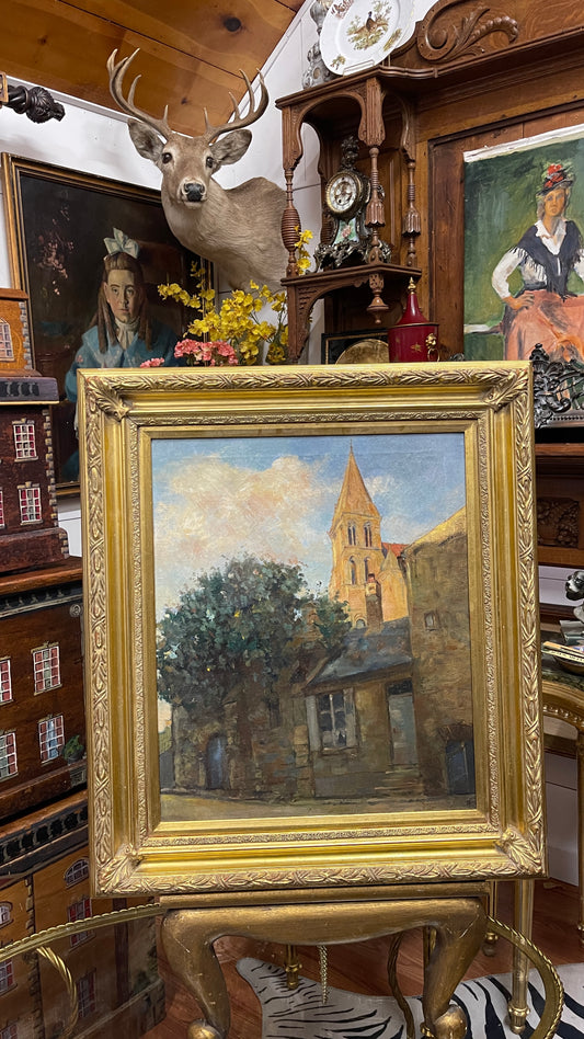 European Church Landscape Oil Painting, Gregor von Bochmann Artist Signed, 19th Century