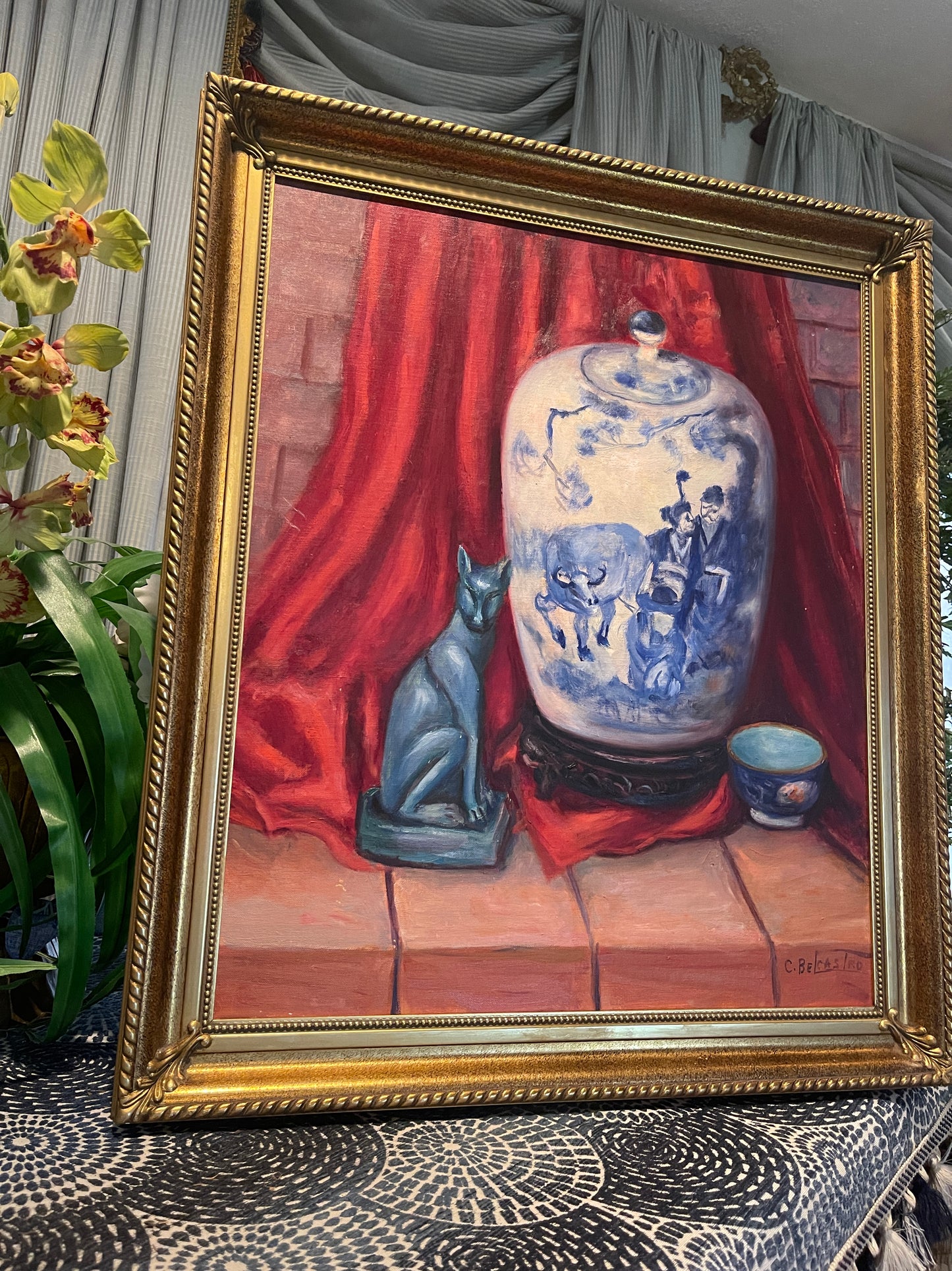 Fantastic Chinoiserie Vintage Oil Painting, Blue and White Ginger Jar, Ornate Gold Frame, Artist Signed