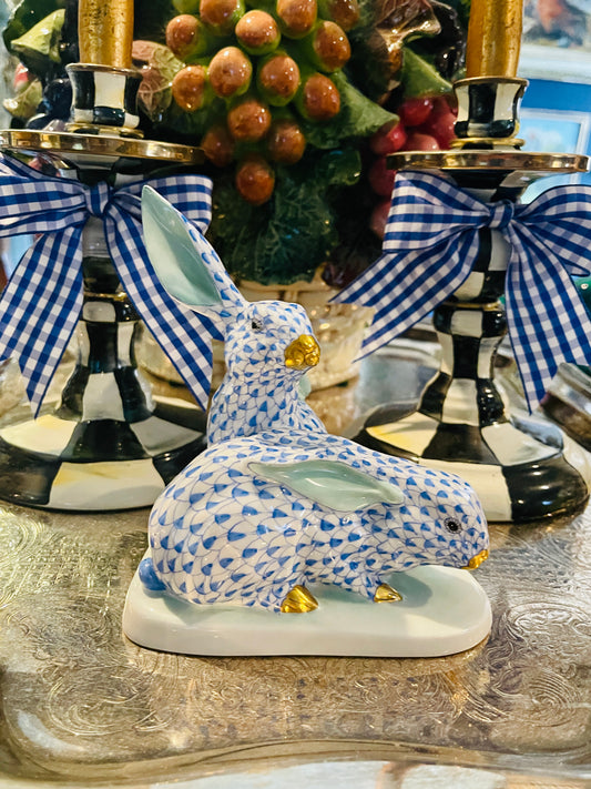 Large Herend Blue Fishnet Rabbit Pair with Ear Up, 24 kt Gold Accents