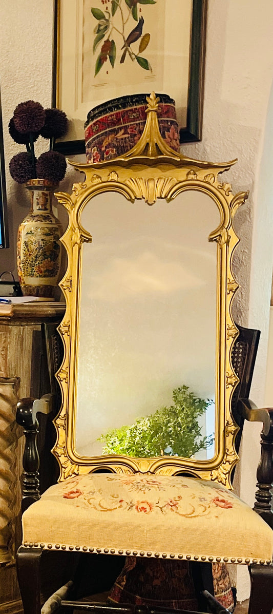Chinoiserie Pagoda Mirror, Carved Gold Wood Mirror, Made in Italy