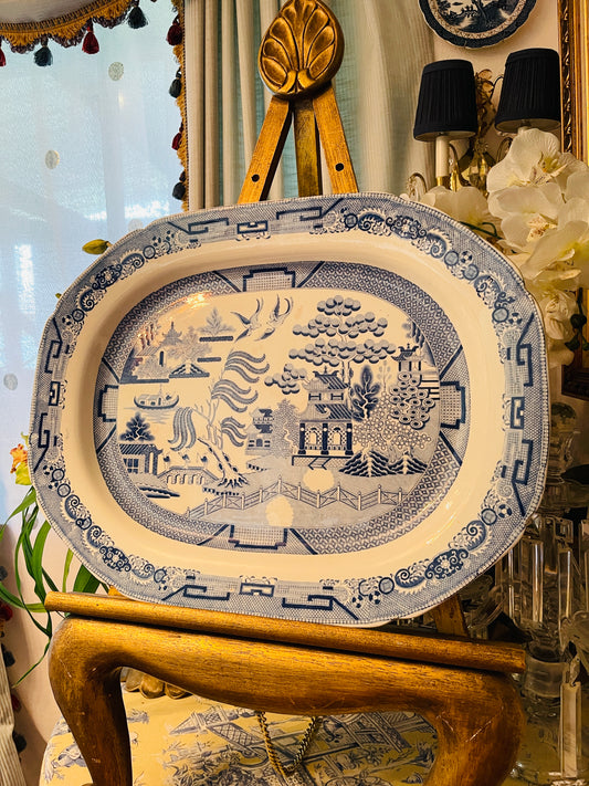 Antique English Blue Willow Platter – 20” Giant Serving Dish with Light Blue Transferware