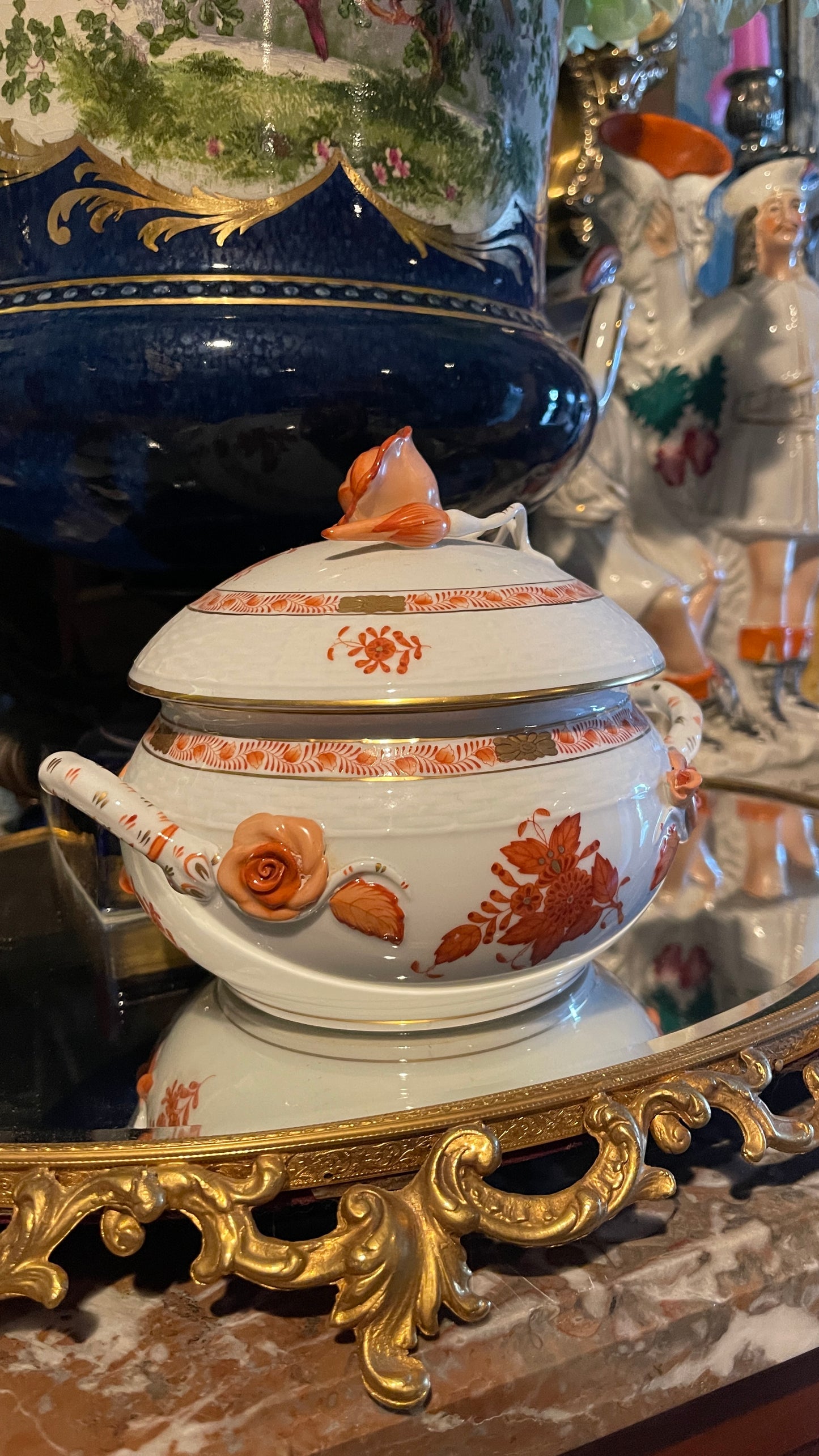 Vintage Herend Chinese Bouquet Rust Covered Bean Pot with Applied Roses | Hand-Painted Hungarian Porcelain