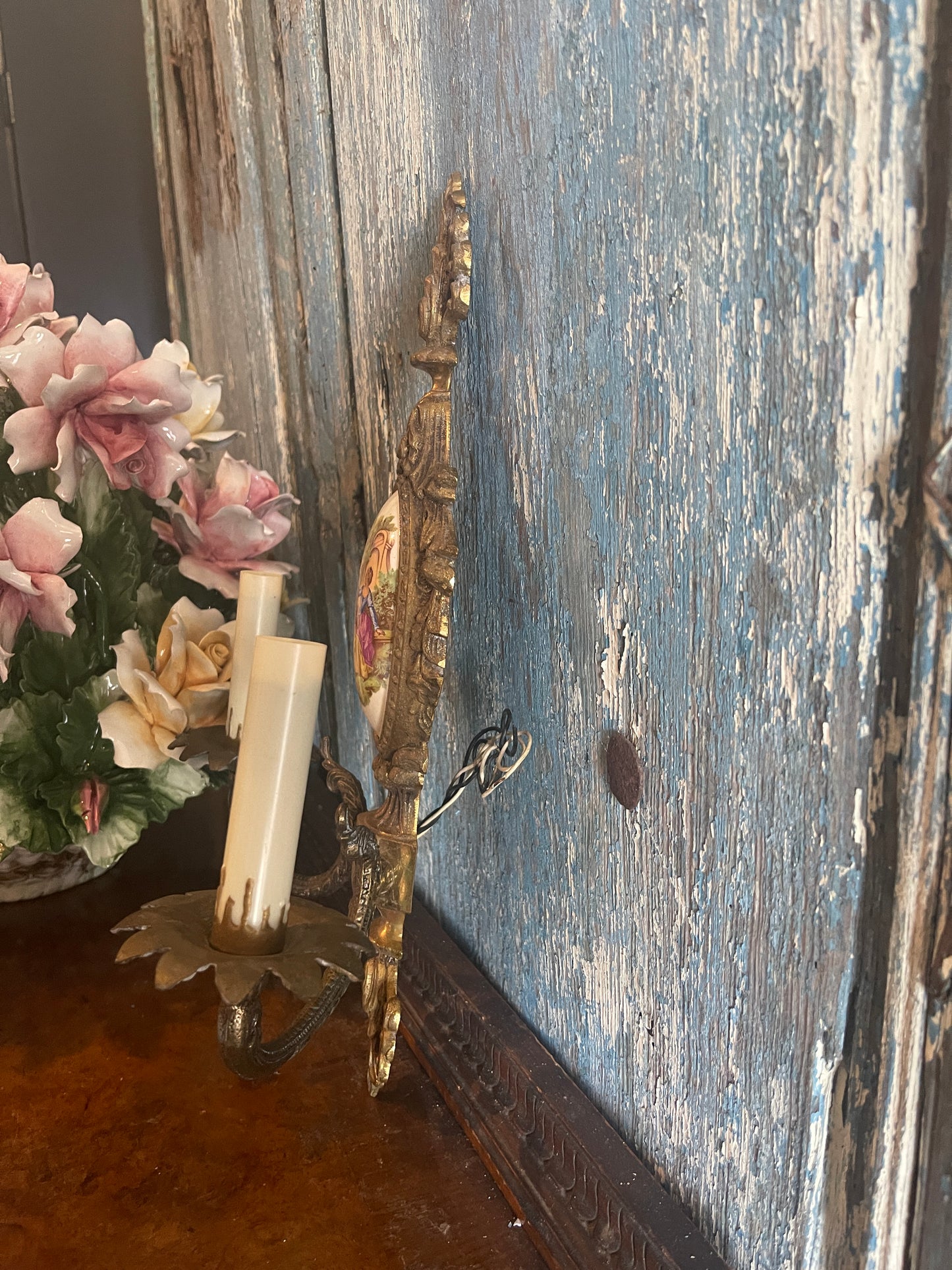 Vintage French Courting Wired Wall Sconces, Ormolu and Porcelain, Made in Spain