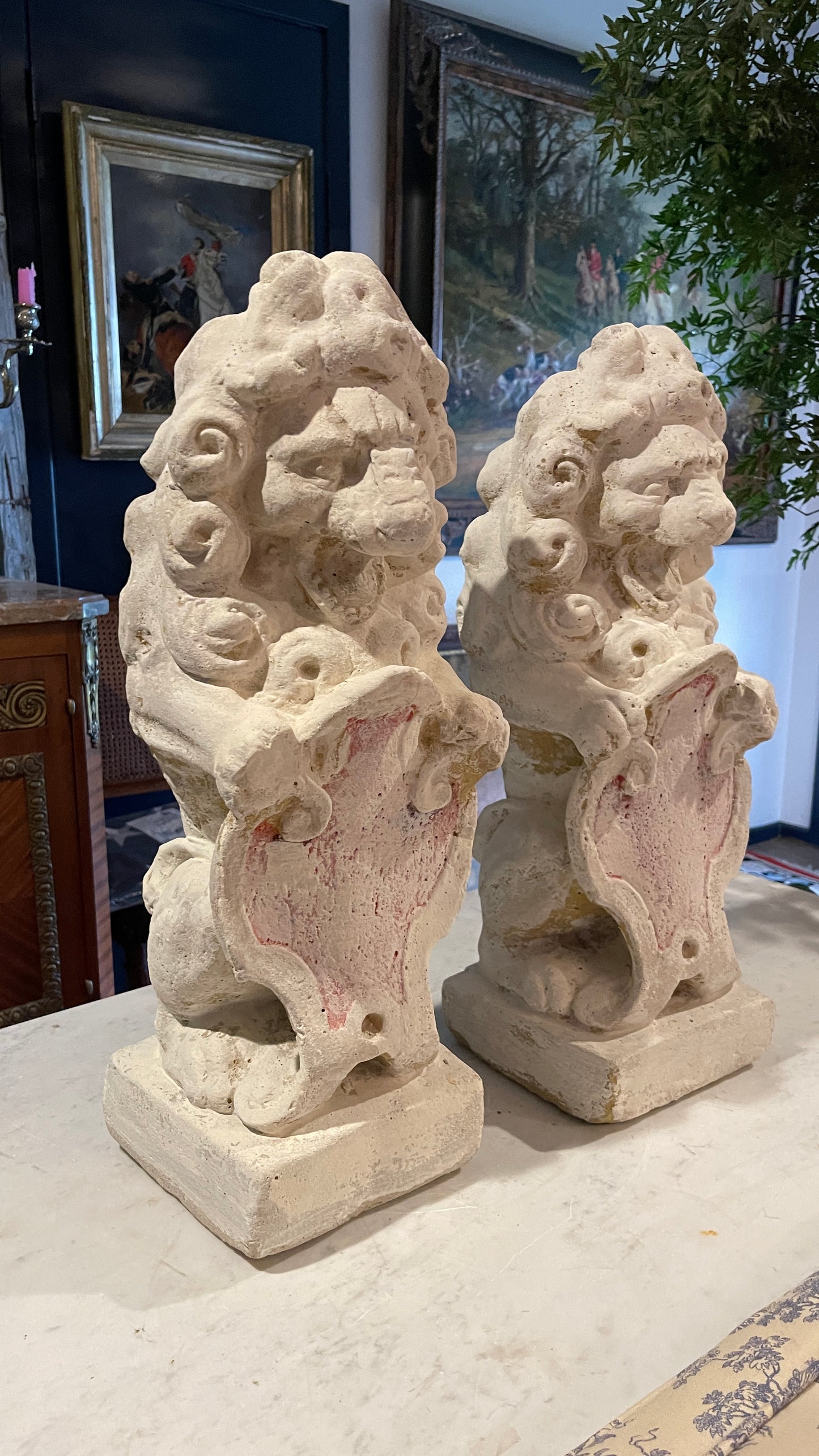 Antique French Sandstone Heraldic Garden Lion, Two Available