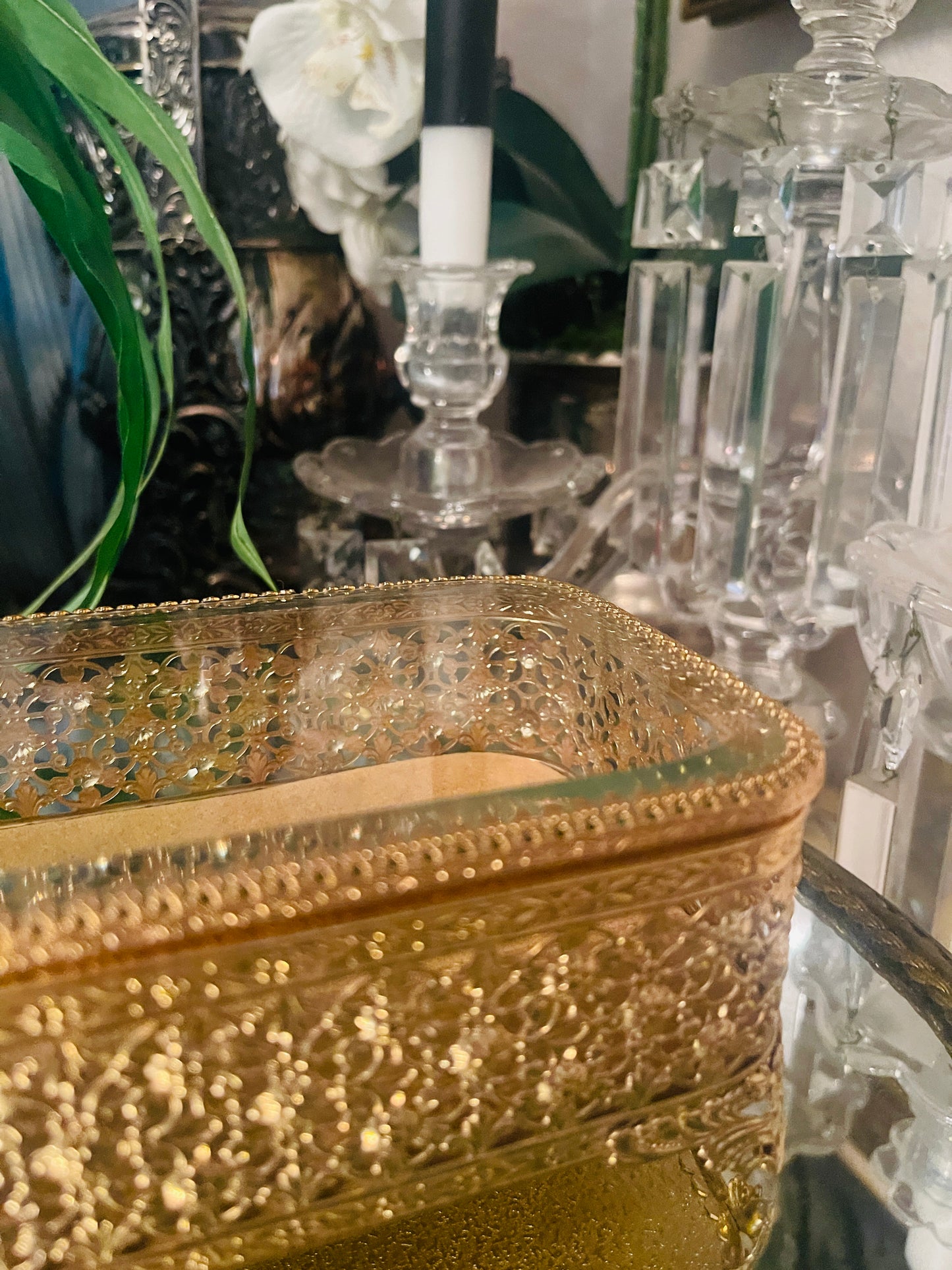 Ornate Ormolu & Beveled Glass Jewelry Casket Box — Vintage Filigree Vanity Treasure